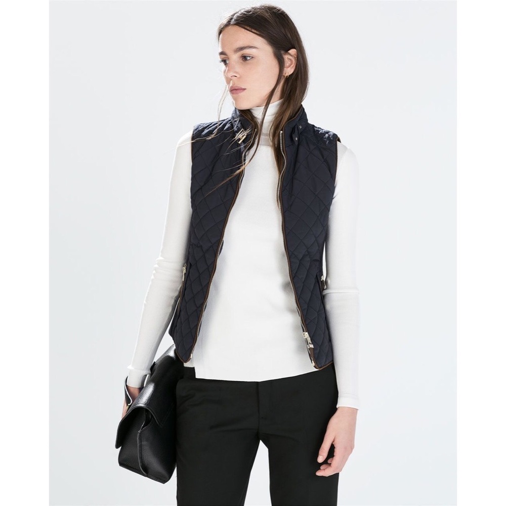 Zara navy blue quilted vest w/ brown suede piping